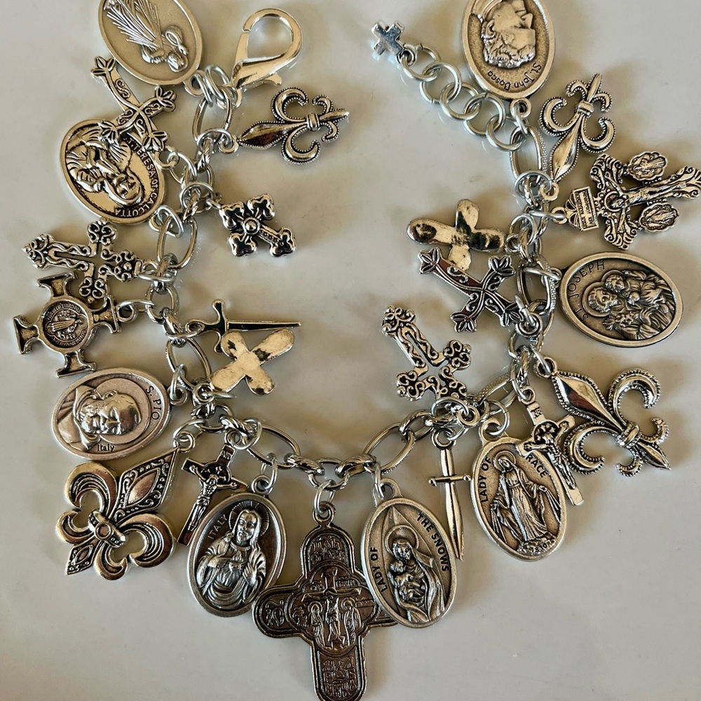 Charm Bracelet Saints & Crosses Silver Tone Catholic Charm Bracelet